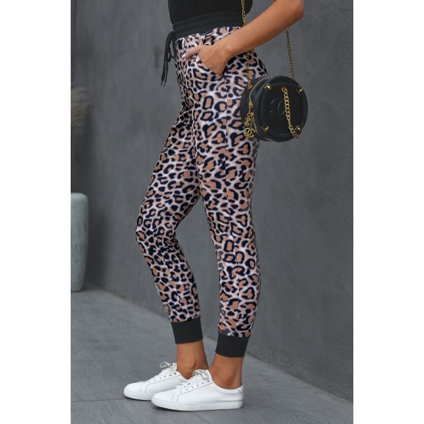 Brown Leopard Cotton Pocketed Joggers