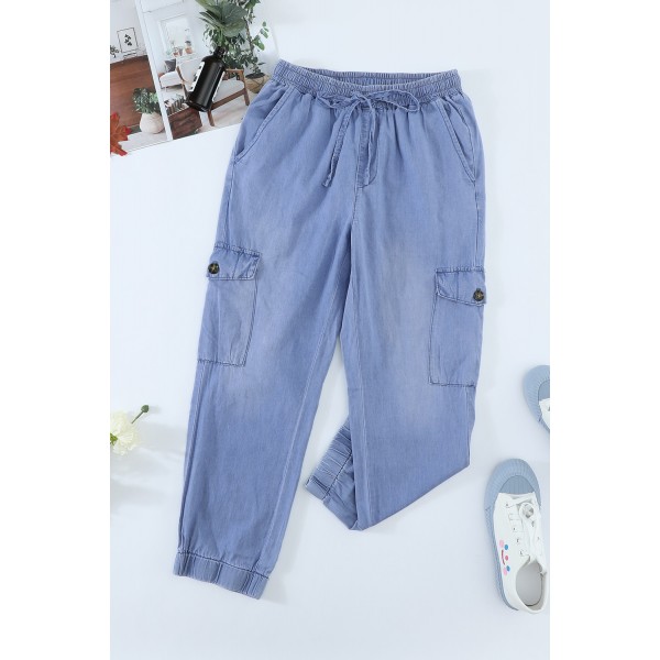 Sky Blue Drawstring Cargo Pocketed Joggers