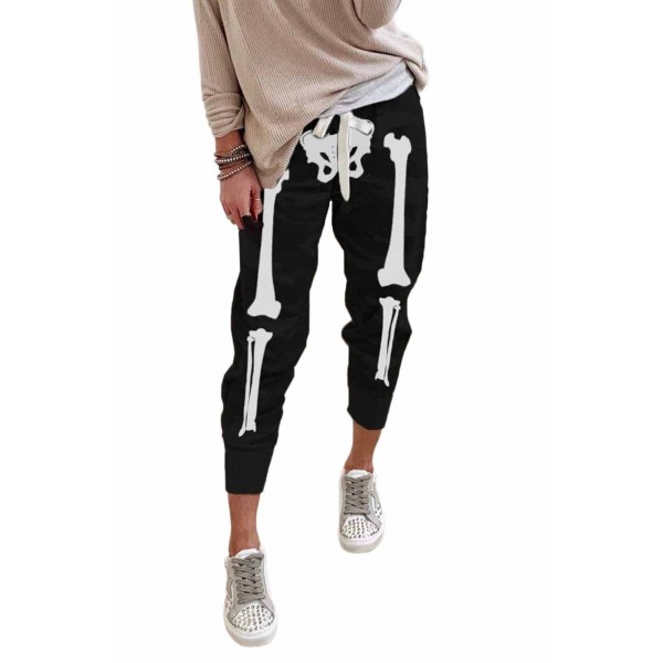 Black Halloween Skull Print Drawstring Elastic Waist Joggers