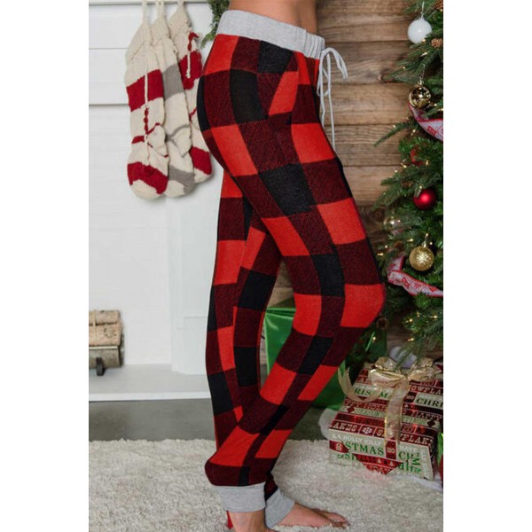 Christmas Red Buffalo Plaid Pocketed Drawstring Joggers