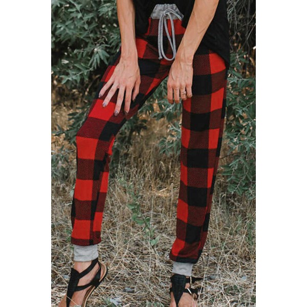 Christmas Red Buffalo Plaid Pocketed Drawstring Joggers