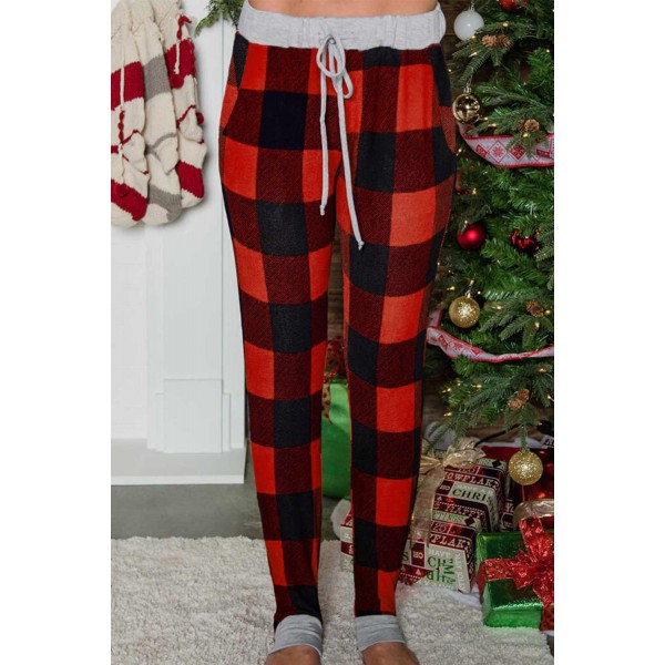 Christmas Red Buffalo Plaid Pocketed Drawstring Joggers