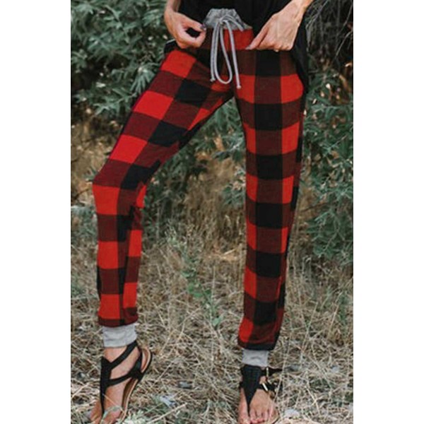 Christmas Red Buffalo Plaid Pocketed Drawstring Joggers