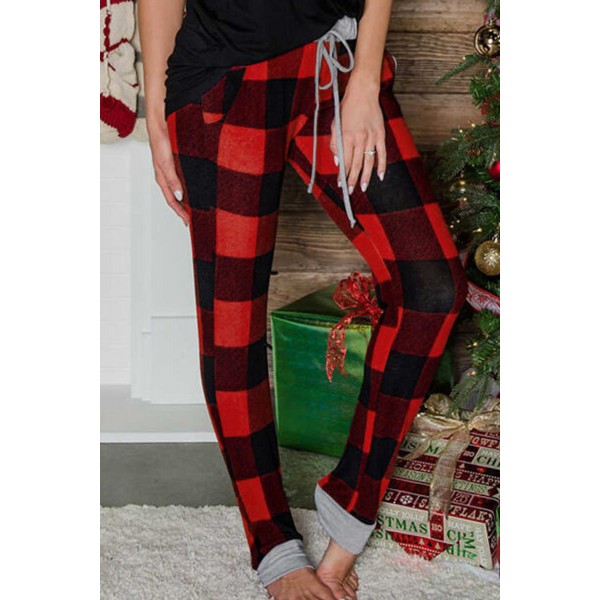 Christmas Red Buffalo Plaid Pocketed Drawstring Joggers