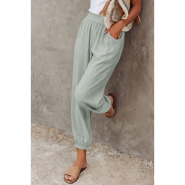 Gray Linen Pocketed Elastic Waistband Joggers