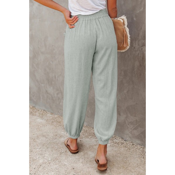 Gray Linen Pocketed Elastic Waistband Joggers