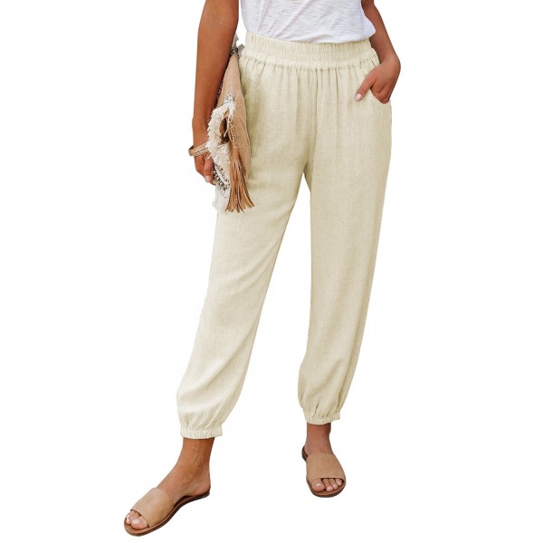 Khaki Linen Pocketed Elastic Waistband Joggers