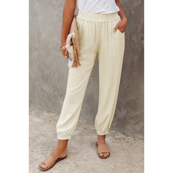 Khaki Linen Pocketed Elastic Waistband J...