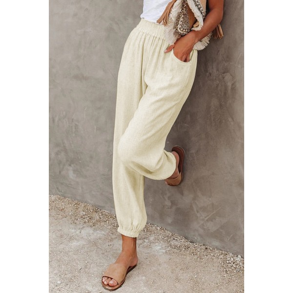 Khaki Linen Pocketed Elastic Waistband Joggers