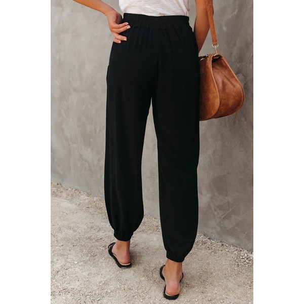 Black Linen Pocketed Elastic Waistband Joggers