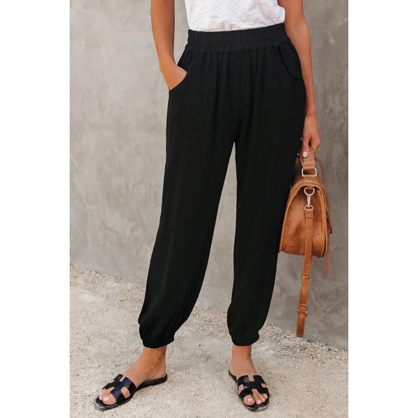 Black Linen Pocketed Elastic Waistband J...