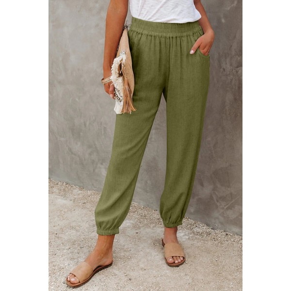 Green Linen Pocketed Elastic Waistband J...