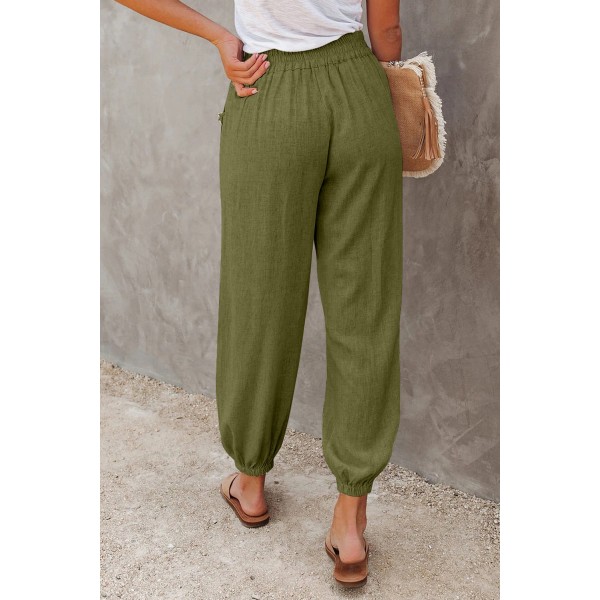 Green Linen Pocketed Elastic Waistband Joggers