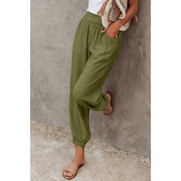 Green Linen Pocketed Elastic Waistband Joggers