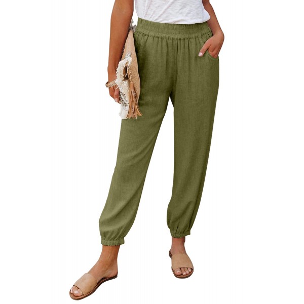 Green Linen Pocketed Elastic Waistband Joggers