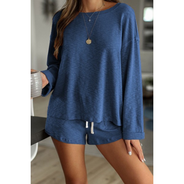 Blue Pocketed Knit Loungewear Set