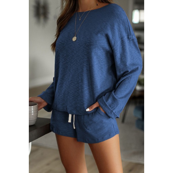 Blue Pocketed Knit Loungewear Set