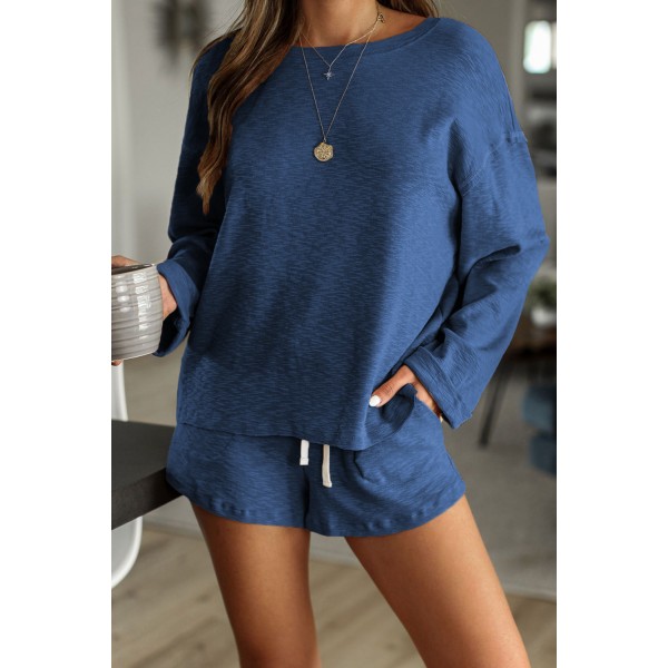 Blue Pocketed Knit Loungewear Set