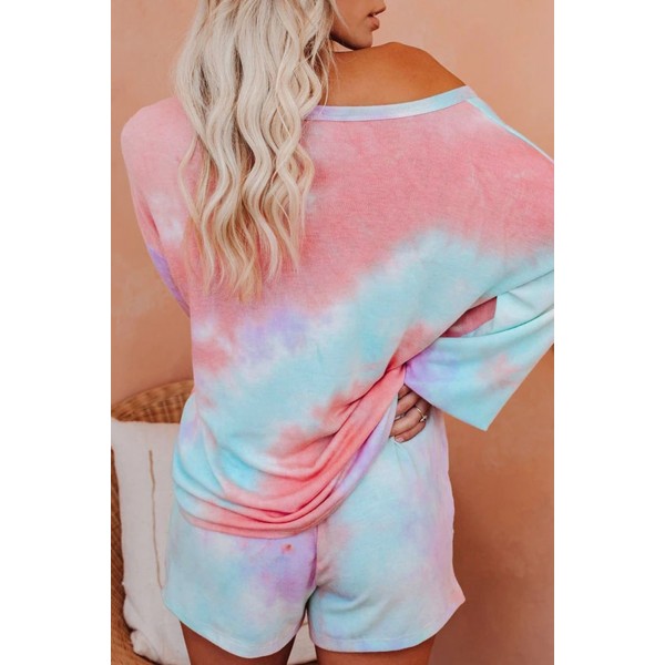 Pink Tie-dye Print Long Sleeve and Shorts Loungewear