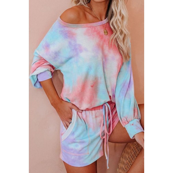 Pink Tie-dye Print Long Sleeve and Shorts Loungewear