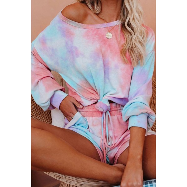 Pink Tie-dye Print Long Sleeve and Shorts Loungewear