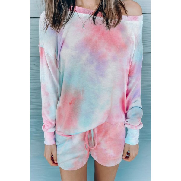 Pink Tie-dye Print Long Sleeve and Shorts Loungewear