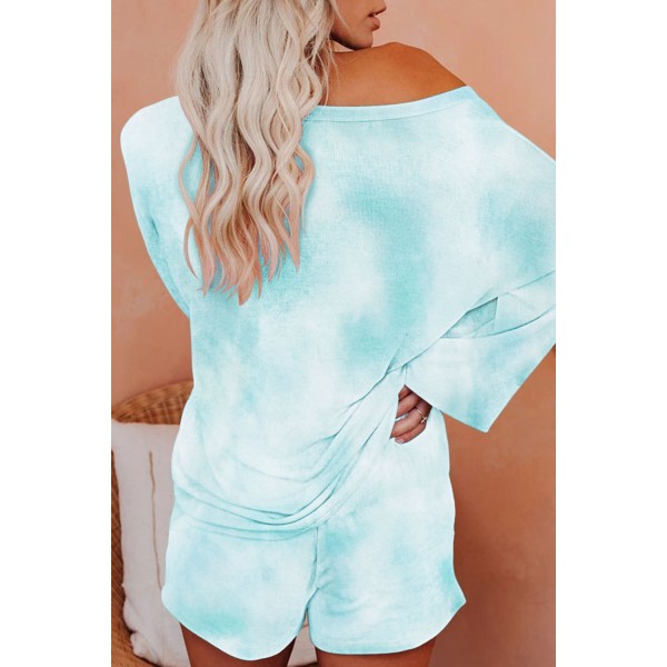 Sky Blue Tie-dye Print Long Sleeve and Shorts Loungewear