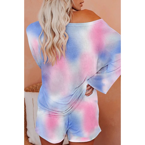 Blue Tie-dye Print Long Sleeve and Shorts Loungewear