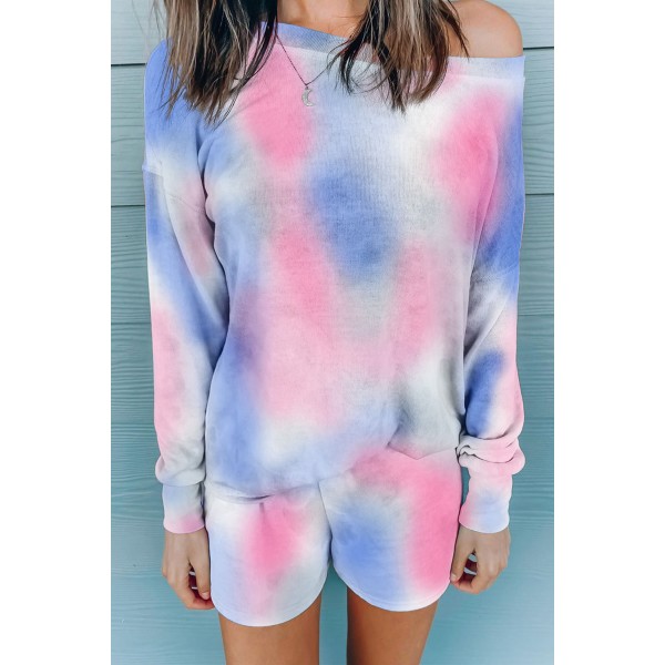 Blue Tie-dye Print Long Sleeve and Shorts Loungewear