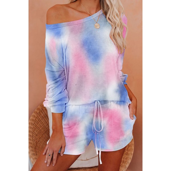 Blue Tie-dye Print Long Sleeve and Shorts Loungewear