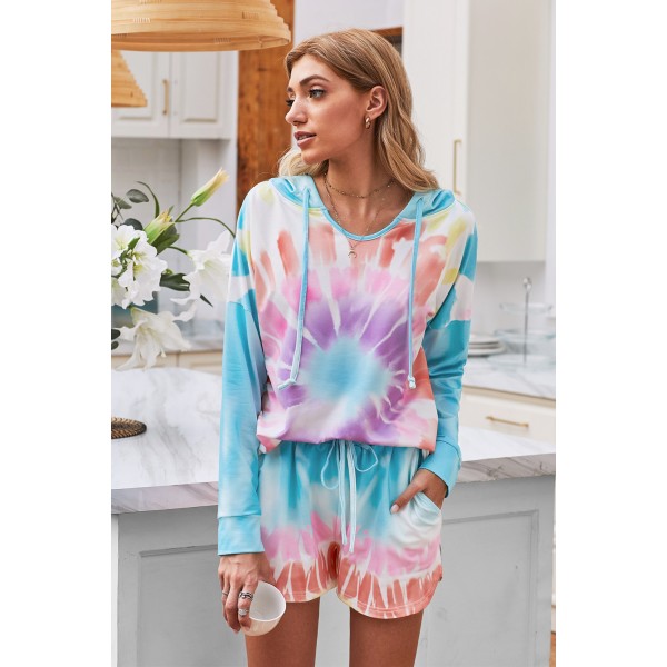 Multicolor Dip Dye Hooded Lounge Sweatshirt Shorts Set