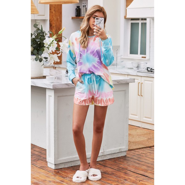 Multicolor Dip Dye Hooded Lounge Sweatshirt Shorts Set