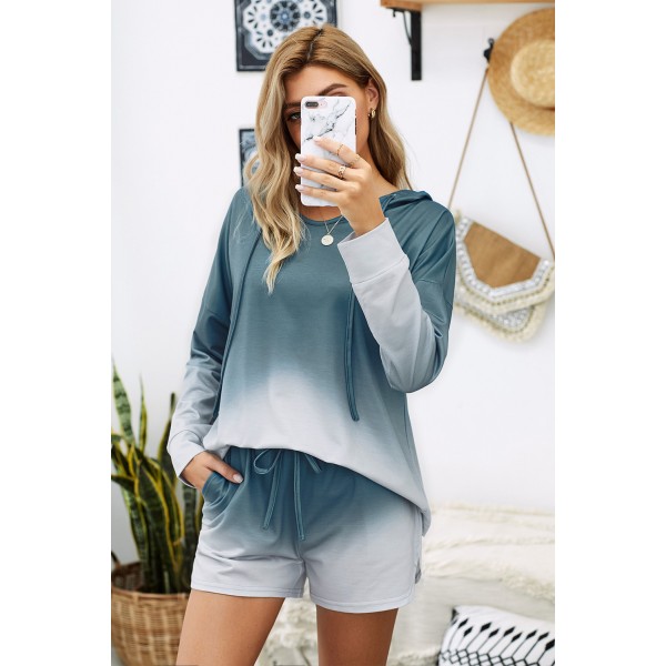 Blue Dip Dye Hooded Lounge Sweatshirt Shorts Set