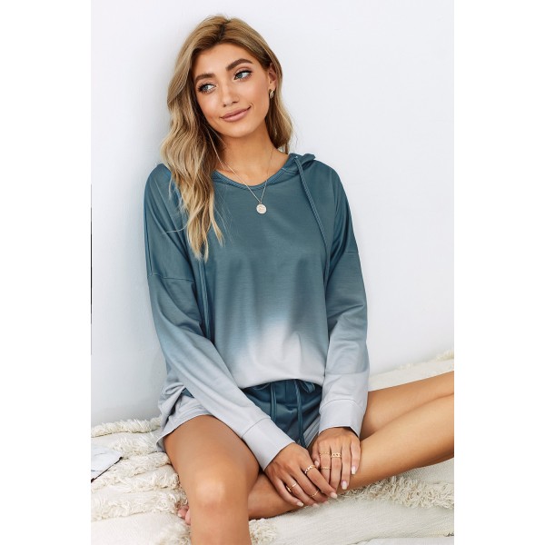 Blue Dip Dye Hooded Lounge Sweatshirt Shorts Set