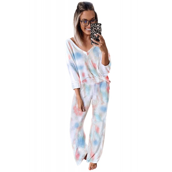 Deep V-neck Dropped Shoulder Tie-dye Lounge Set