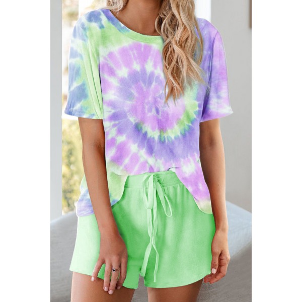 Green Tie Dye Printed Short Lounge Set