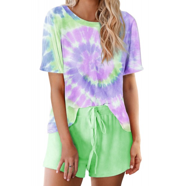 Green Tie Dye Printed Short Lounge Set