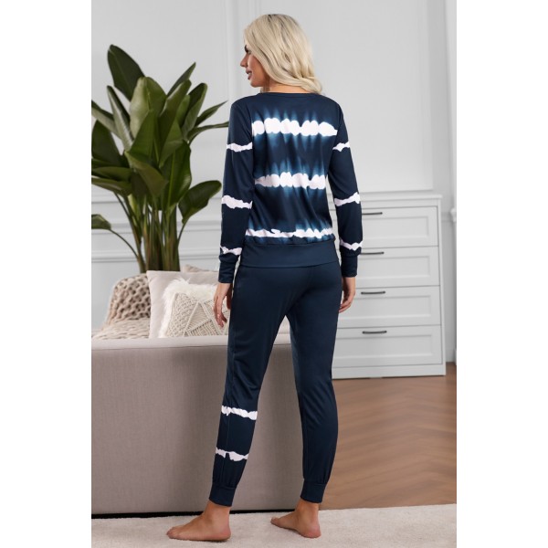 Navy Tie-dye Stripes Pullover Top and Pants Lounge Set