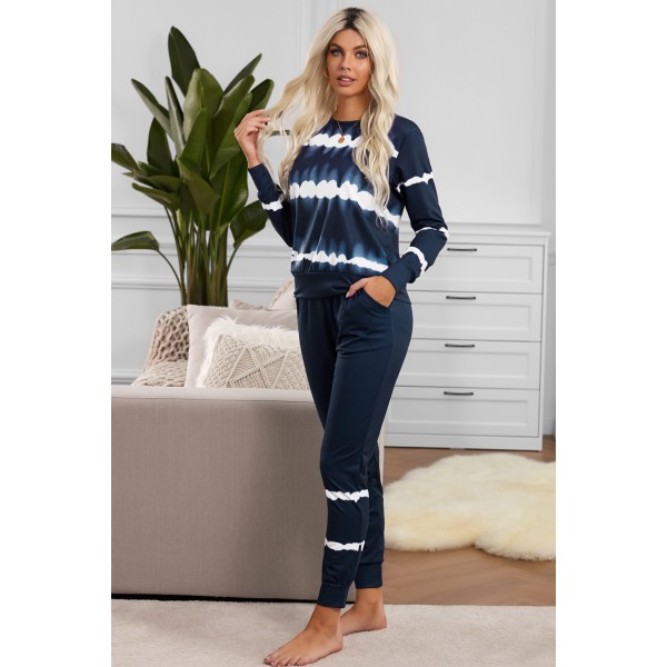 Navy Tie-dye Stripes Pullover Top and Pants Lounge Set