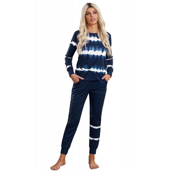 Navy Tie-dye Stripes Pullover Top and Pants Lounge Set