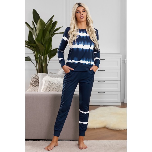 Navy Tie-dye Stripes Pullover Top and Pa...