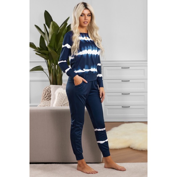 Navy Tie-dye Stripes Pullover Top and Pants Lounge Set