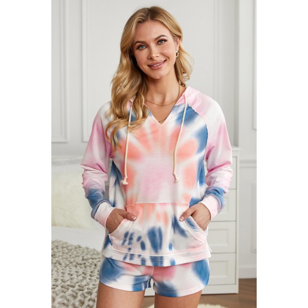 Pink Cotton Blend Pocketed Tie-dye Hoodie Shorts Suit