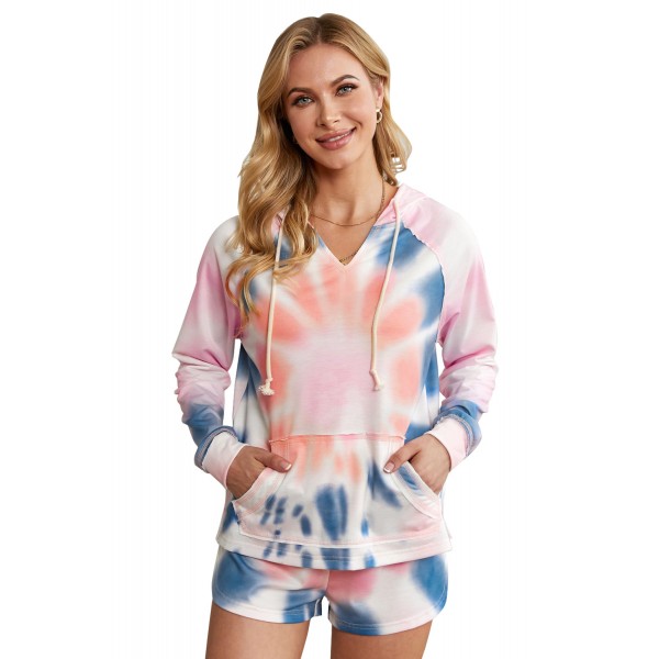 Pink Cotton Blend Pocketed Tie-dye Hoodie Shorts Suit