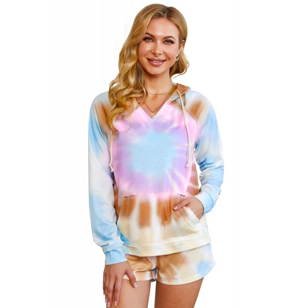 Multicolor Cotton Blend Pocketed Tie-dye Hoodie Shorts Suit