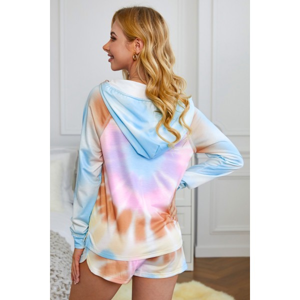 Multicolor Cotton Blend Pocketed Tie-dye Hoodie Shorts Suit