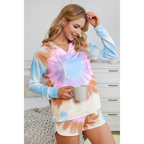 Multicolor Cotton Blend Pocketed Tie-dye Hoodie Shorts Suit