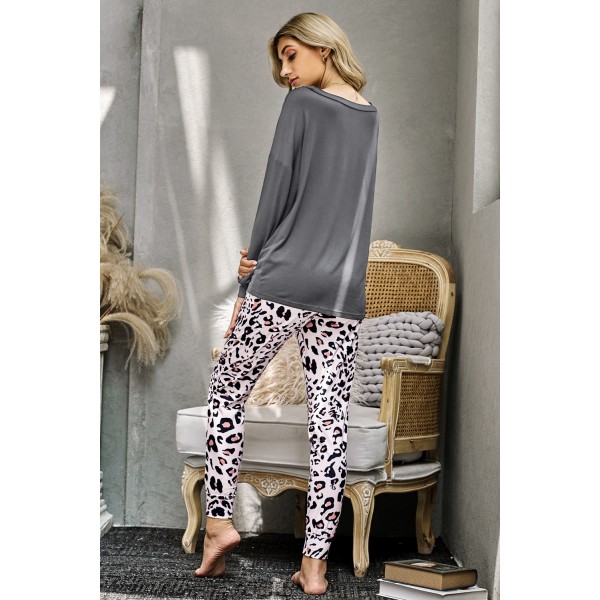 Gray Casual Long Sleeve Leopard Pants Loungewear Set