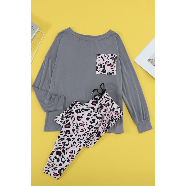 Gray Casual Long Sleeve Leopard Pants Loungewear Set