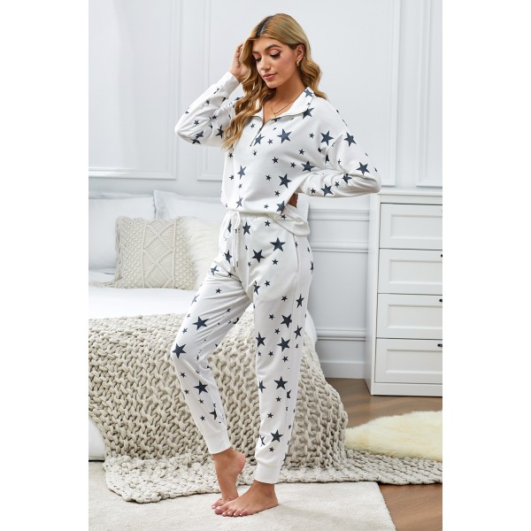 Star Print Zipper Collar Long Sleeve Top and Jogger Loungewear Set